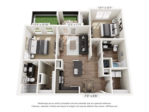 Floor plan for 2 beds, 2 baths, 1064 sqft